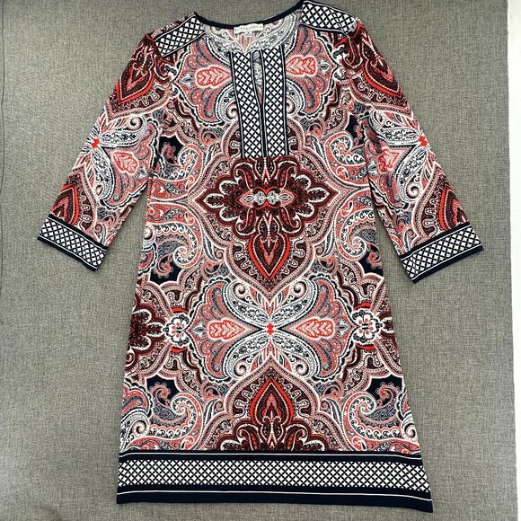 Sandra Darren Shift Dress‎ Size 8 Paisley 3/4th Sleeve Stretch Black Trim - Picture 1 of 13